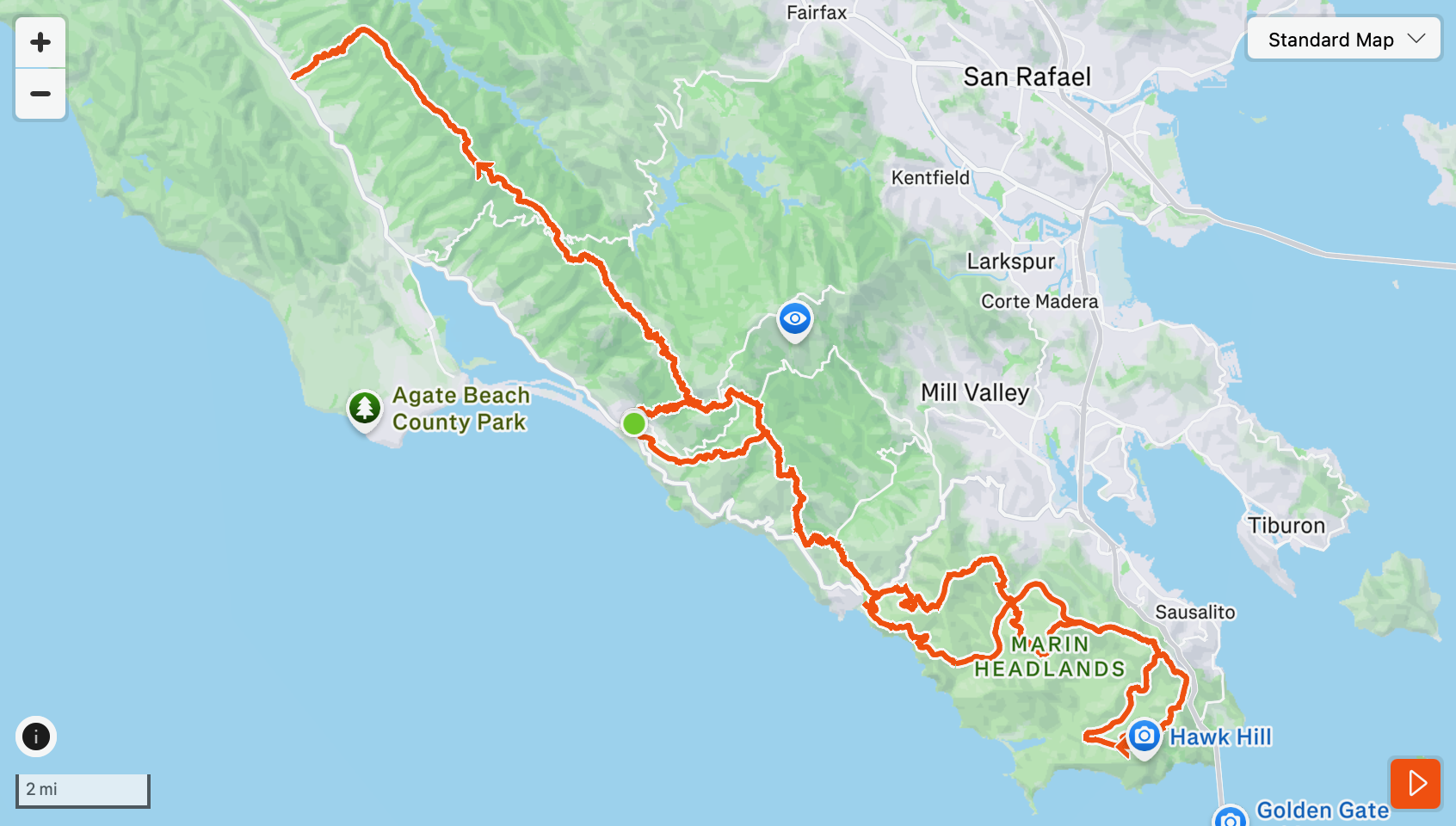 Strava course map of the Miwok 100k. 